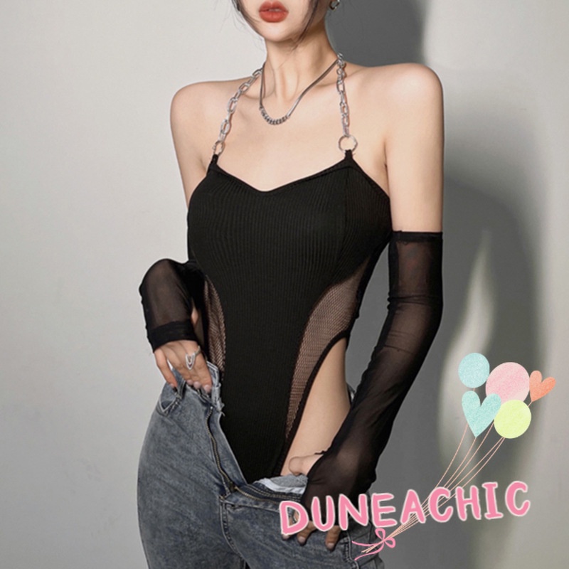 DUNEA Bộ Áo Liền Quần Dáng Ôm Phối Dây Xích Quyến Rũ Cho Nữ