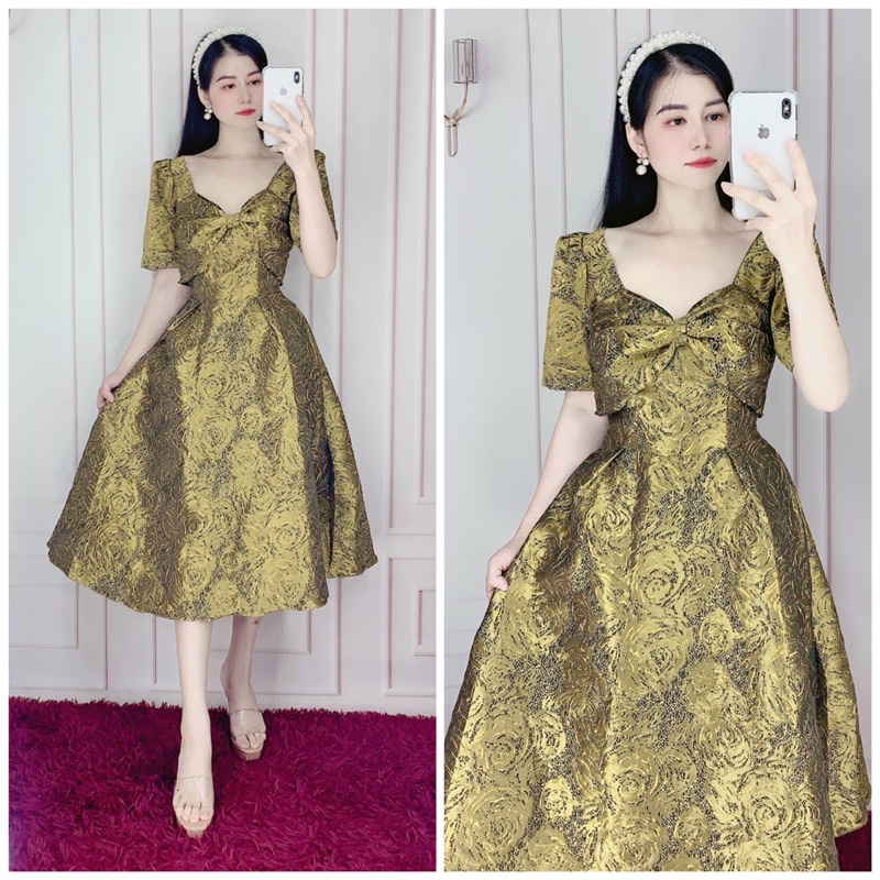 ✨Quảng Châu✨ Đầm dự tiệc tặng kèm nơ cột tóc theo tông màu váy siêu yêu ALVIN.MALL -size M/L (