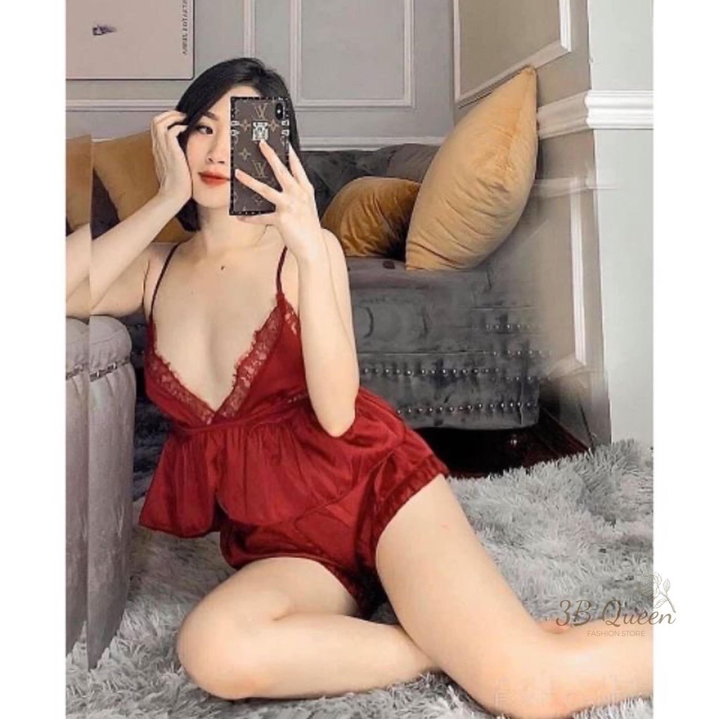 Đồ bộ nữ 2 dây phối ren ngực sexy, đồ ngủ chất liệu satin cao cấp mềm, mịn,  kèm quần đùi siêu cute | BigBuy360 - bigbuy360.vn