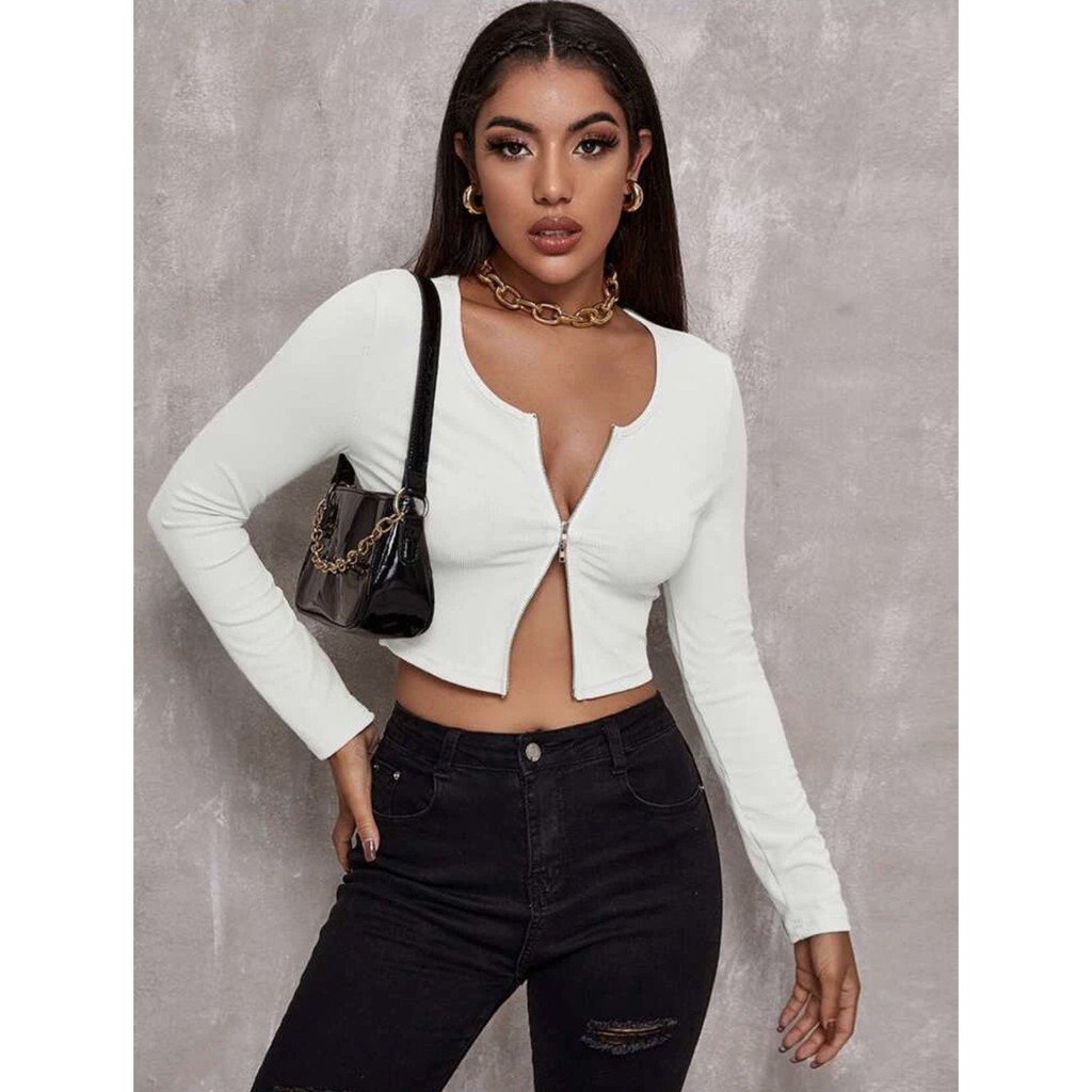 Áo Croptop Tay Dài Khóa Zip 02 Chiều Cao Cấp