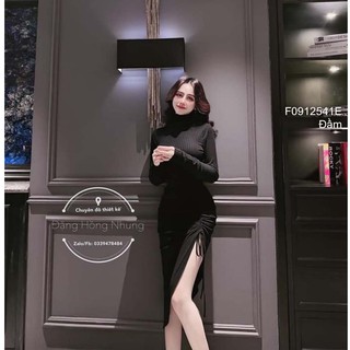 Đầm body tăm xẻ tà rút dây bên sườn tay dài!