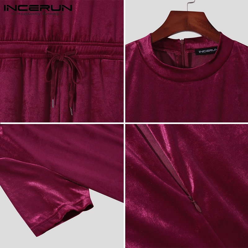 Bộ áo liền quần INCERUN vải nhung cổ tròn ngắn tay dáng rộng thời trang mùa hè dành cho nam 2 màu sắc lựa chọn