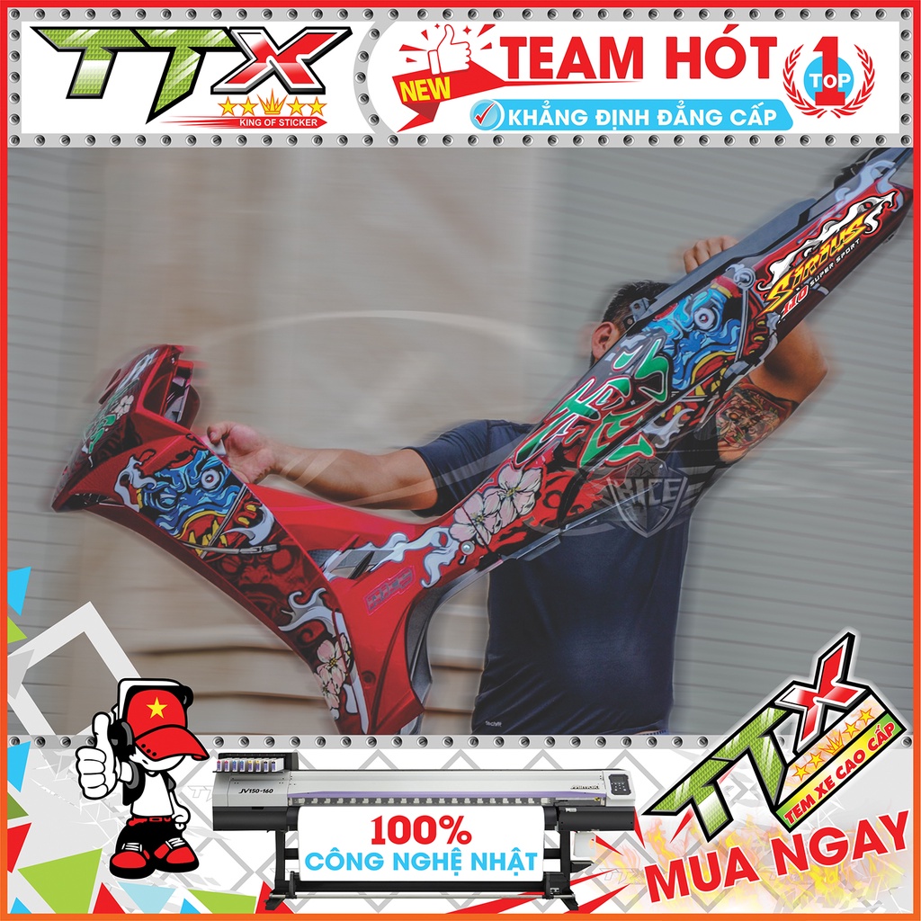 Tem chế sirius mặt quỷ daruma , Team rời sirius dán xe màu đỏ nền đen siêu ngầu , Shop TTX Tem sirius mã (S0011/00)