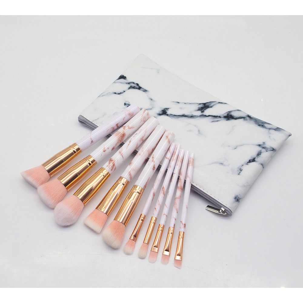 [Hàng mới về] Set 10 cọ trang điểm mềm mại tay cầm gỗ họa tiết vân đá cẩm thạch độc đáo