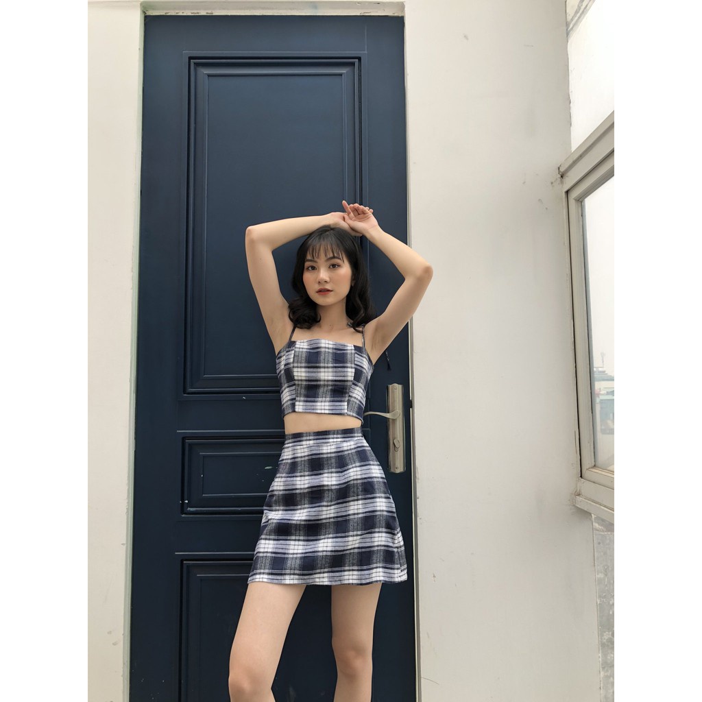 (có đệm ngực) SET ÁO CROPTOP 2 DÂY CARO THẮT NƠ MIX CHÂN VÁY KẺ CHỮ A ULZZANG