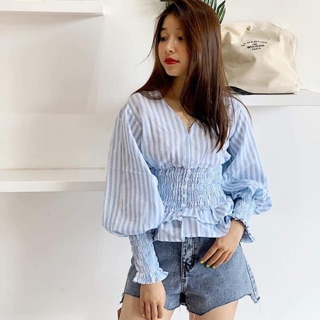 Áo sơmi sọc nhún chỉ eo kèm ảnh thật