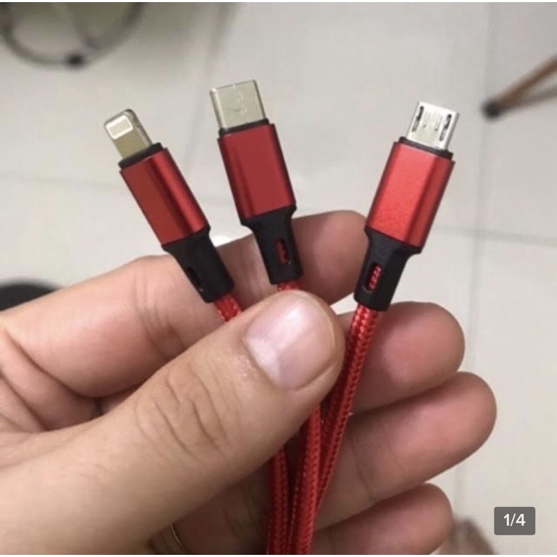 Cáp sạc 3 đầu đa năng3D,dây sạt nhiều đầu dọc dù chống đứt IPmicro typec dài 1m dùng cho samsung, xiaomi, oppo