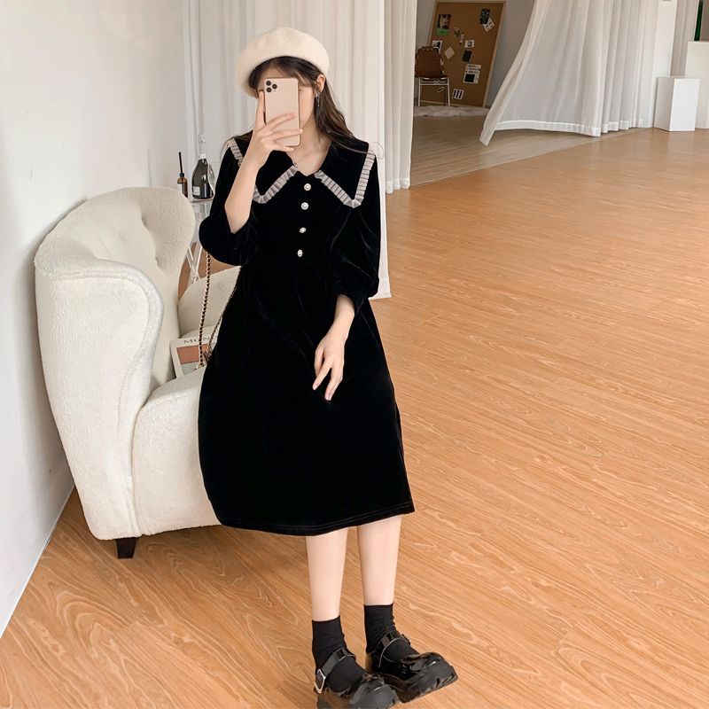 Váy babydoll đầm babydoll Đầm Nhung Đen Tay Dài Cổ Búp Bê Phong Cách Pháp Thời Trang Mùa Đông 2022 Cho Nữ