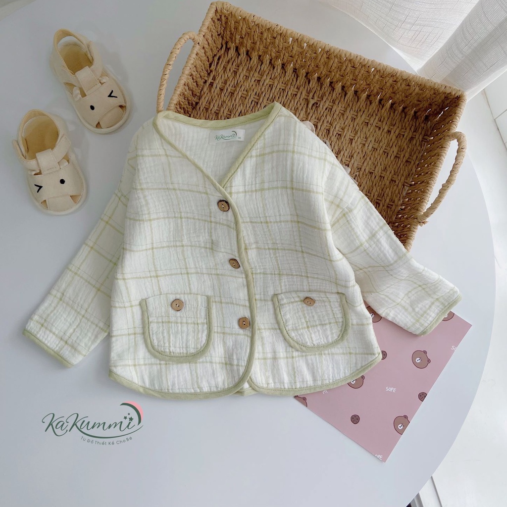 Áo khoác cardigan xô muslin 4 lớp  bé trai gái   6-14kg, áo khoác cổ tim unisex trẻ em AK125 Kakummi