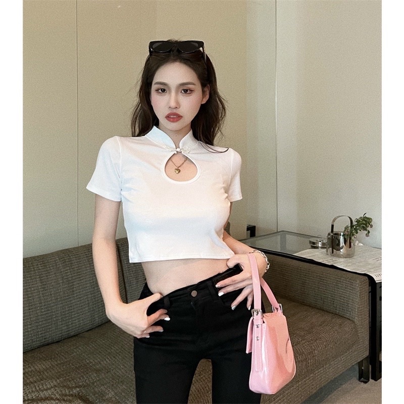 Áo croptop nữ phối cổ cao kiểu tàu chất vải thun gân len FreeSize dưới 53kg