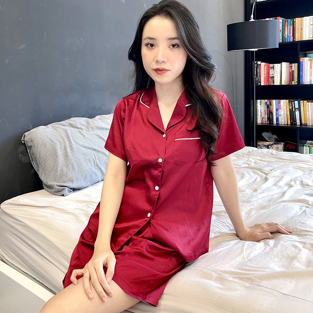 Đồ Bộ Pijama - Bộ Lụa Latin cao cấp màu đỏ đô tay ngắn quần dài, đùi [FREE SHIP]