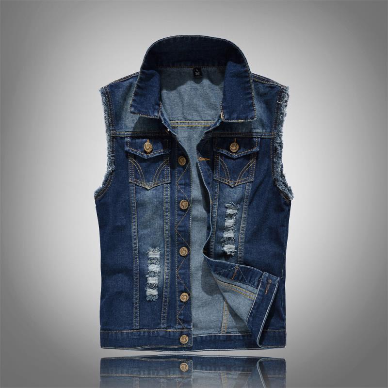 Áo khoác Denim sát nách dáng ôm cỡ lớn phối rách kiểu Hàn Quốc thời trang cho nam