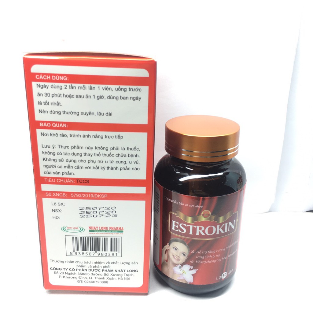 Estrokin - hỗ trợ Cân bằng nội tiết tố, sinh lý nữ - Lọ 30 viên từ Estrogen, vitamin E, Glutathione và collagen