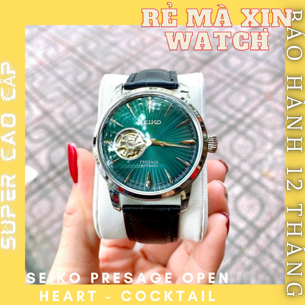 Đồng hồ nam seiko presage Open-Heart, Cocktail máy cơ dây da size 41mm