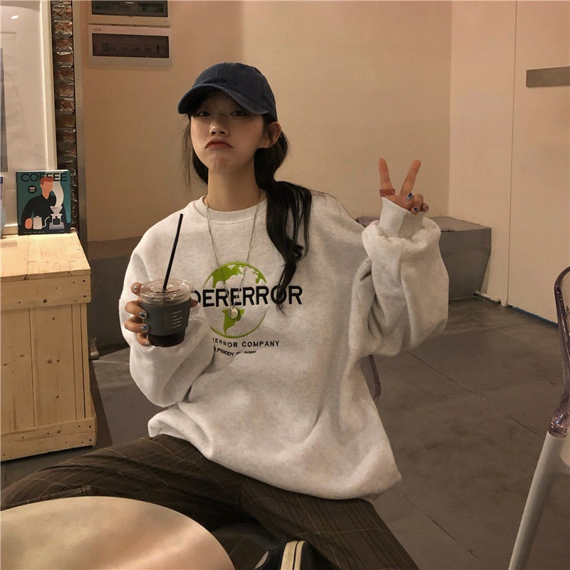 Áo Sweater Cotton Cổ Tròn Dáng Rộng Thêu Chữ Thời Trang Cho Nữ