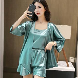 Set đồ ngủ lụa áo hai dây + áo khoác cardigan + quần short thời trang cho nữ