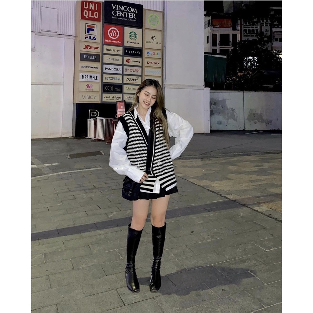 Áo Ghile len nữ , Áo len họa tiết kẻ ngang vạt dài Daski | BigBuy360 - bigbuy360.vn