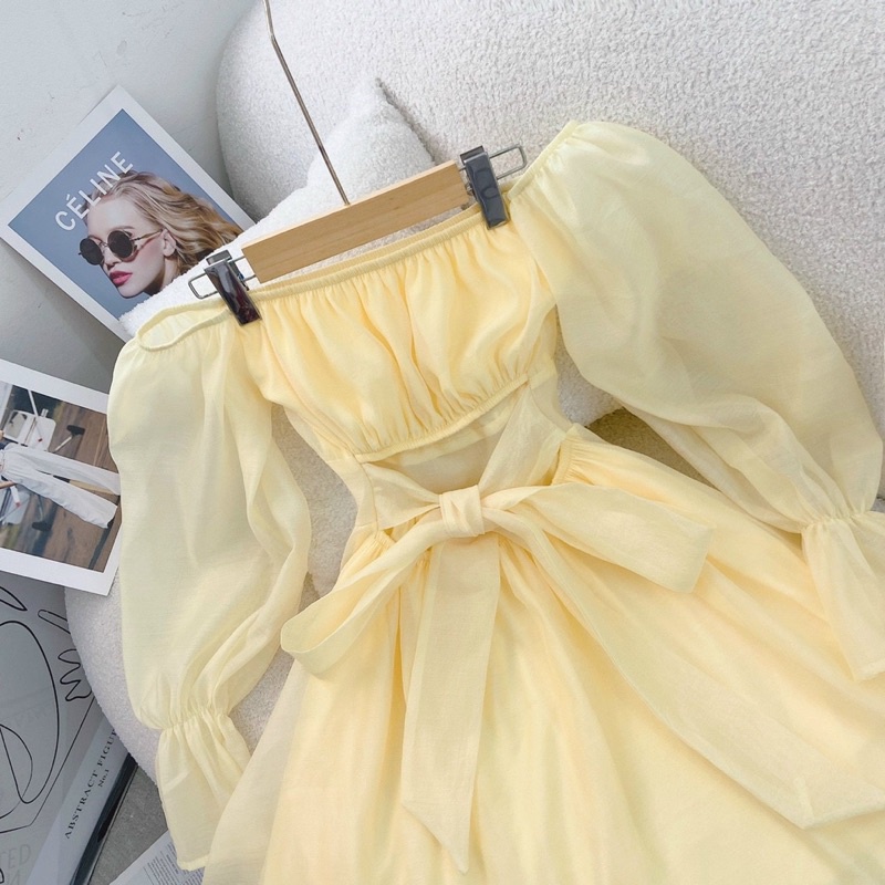 Đầm voan tơ cổ vuông thắt nơ lưng tay bo loe