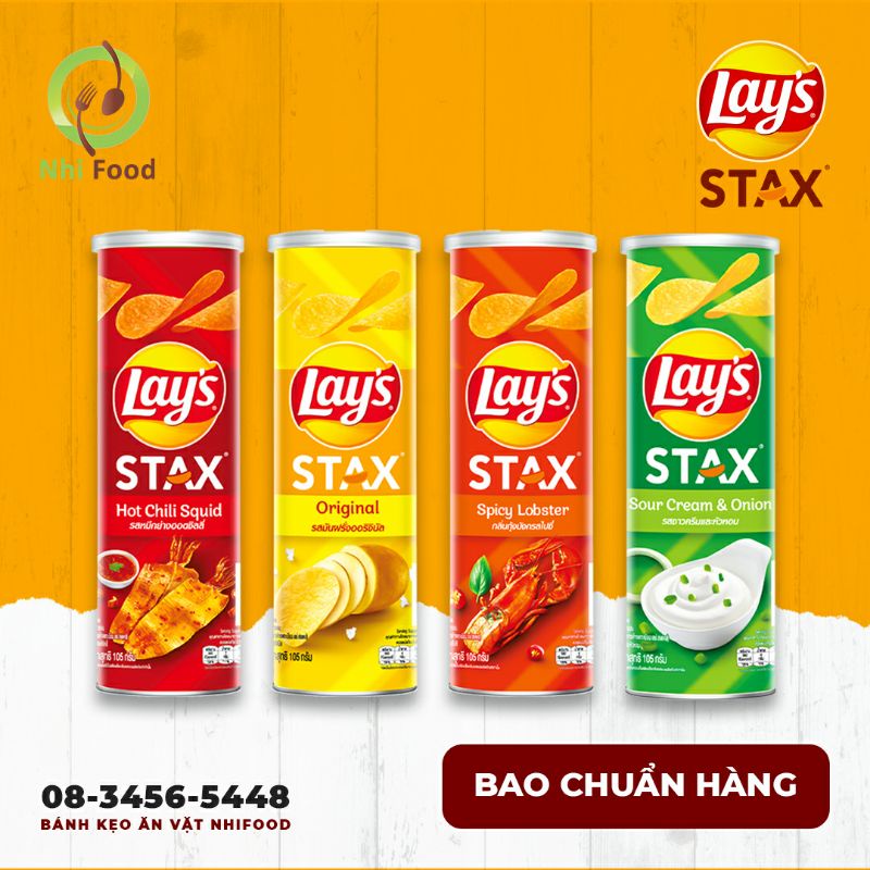 Snack Khoai Tây Ống Lay's Stax, 4 Hương Vị, Lon Ống 105g