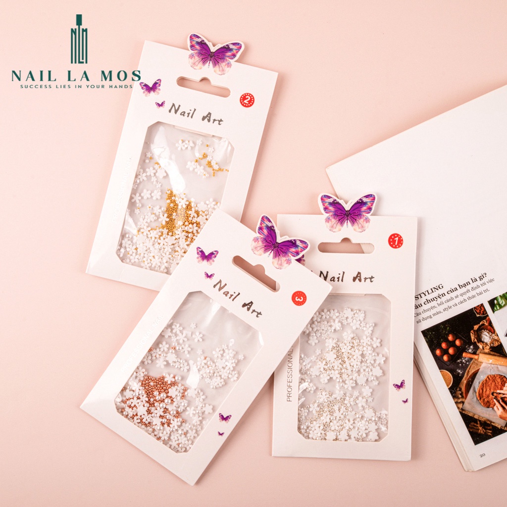 Phụ kiện hoa nhí nail mix bi - hoa sứ nhí nail màu trắng đính móng phong cách Hàn Nhật