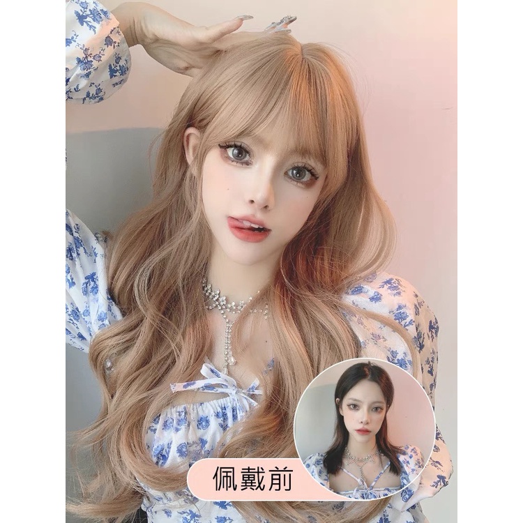 Tóc giả nữ nguyên đầu xoăn sóng vàng khói chất sợi tơ nhân tạo dùng nhiệt tạo kiểu 9106