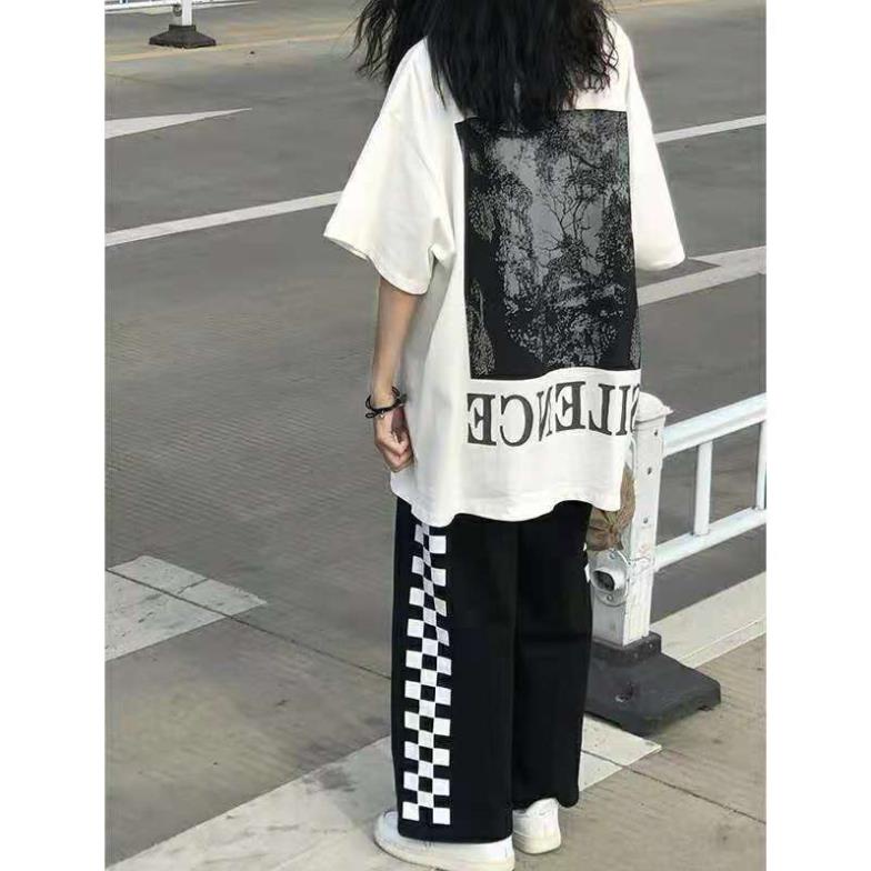 Sét đồ bộ năng động nam nữ gồm áo thun SILENCE chất cotton +quần ống rộng caro freesize chát sạn