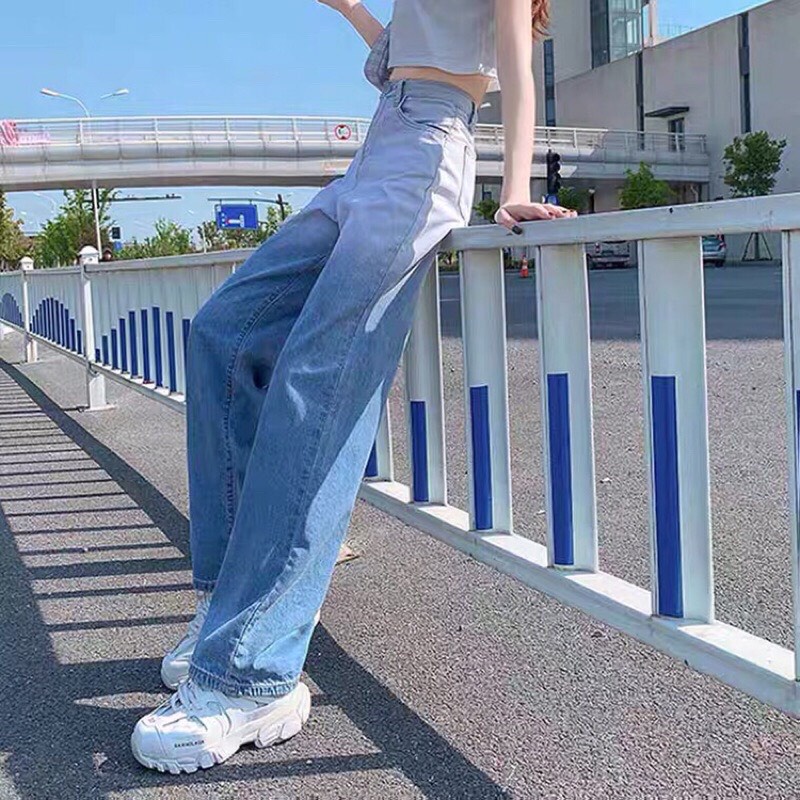 Quần jean bò ống rộng suông xuông nữ jeans cạp cao phong cách Hàn Quốc sành điệu