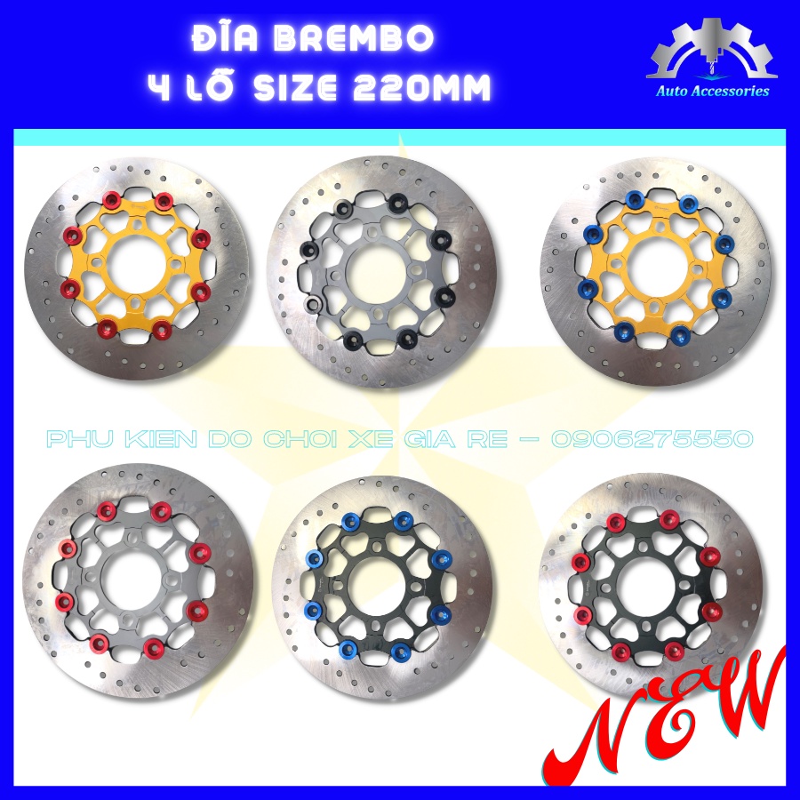 NEW 100% - ĐĨA THẮNG TRƯỚC BRCMBE 4 lỗ size 220mm, Có Đủ Pát CNC gắn Thông Dụng cho Tất Cả các dòng xe - 6 Màu CỰC CHẤT