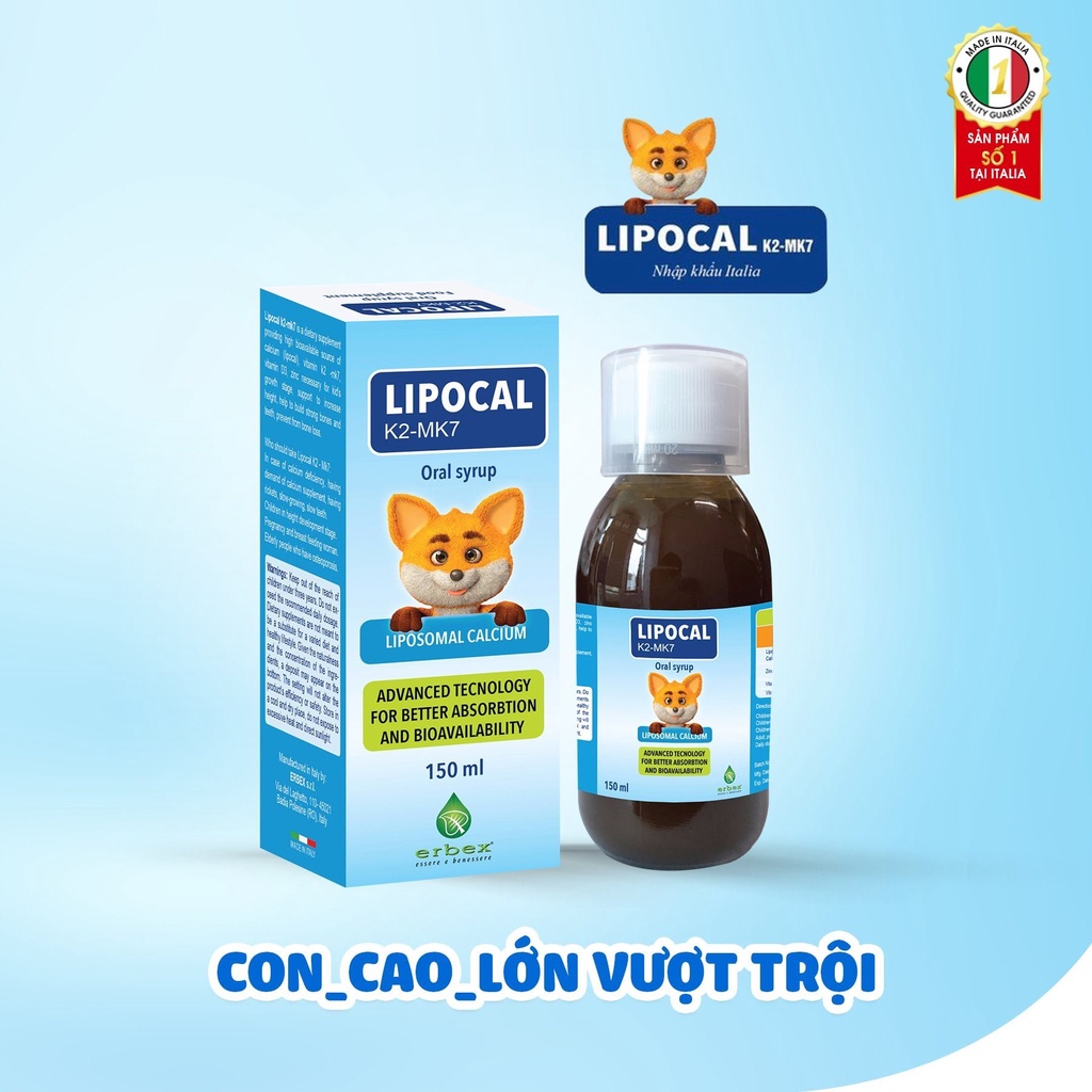 Lipocal K2 MK7 bổ sung D3 Canxi Kẽm cho bé giúp tăng chiều cao xương răng chắc khỏe Lọ 150ml