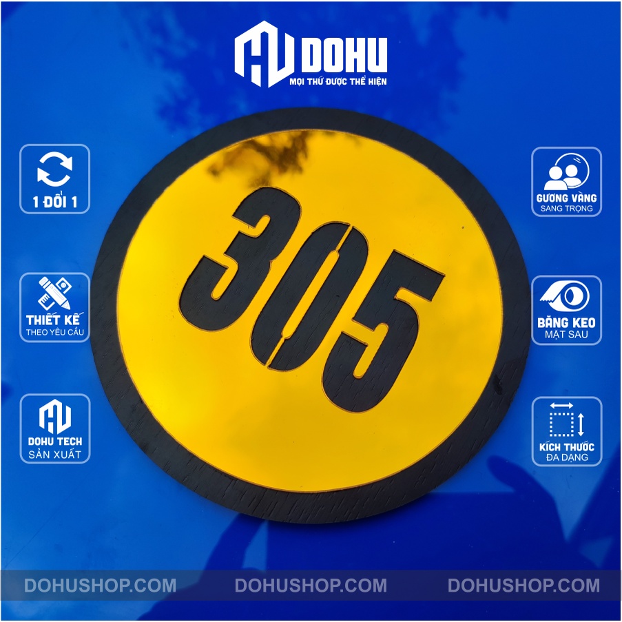 Bảng Số Phòng, Số Nhà Gương Vàng 3D - Thay Đổi Nội Dung Theo Yêu Cầu - Có Sẵn Băng Keo 2 Mặt Dán Tườ