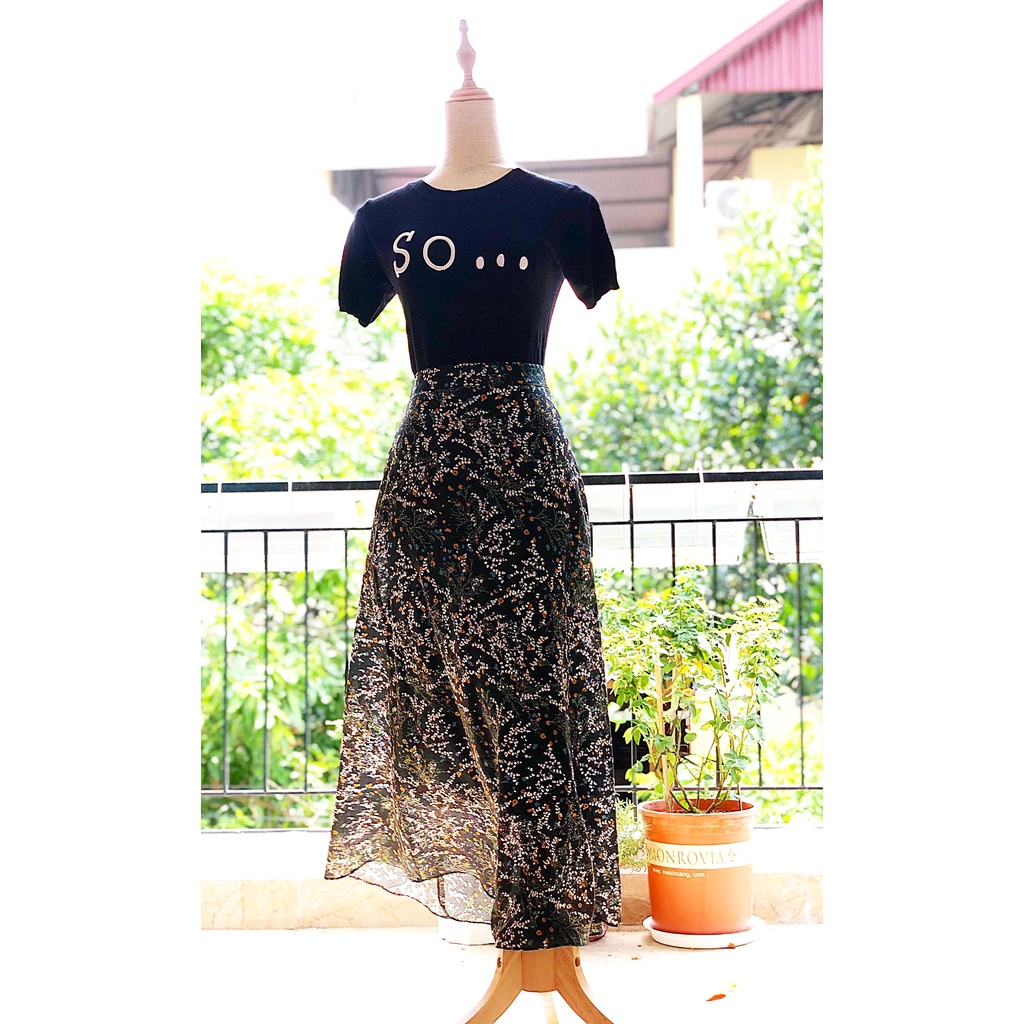 Chân Váy Maxi Hoa Nhí 2 Lớp, Váy Nữ Vintage Dáng Dài