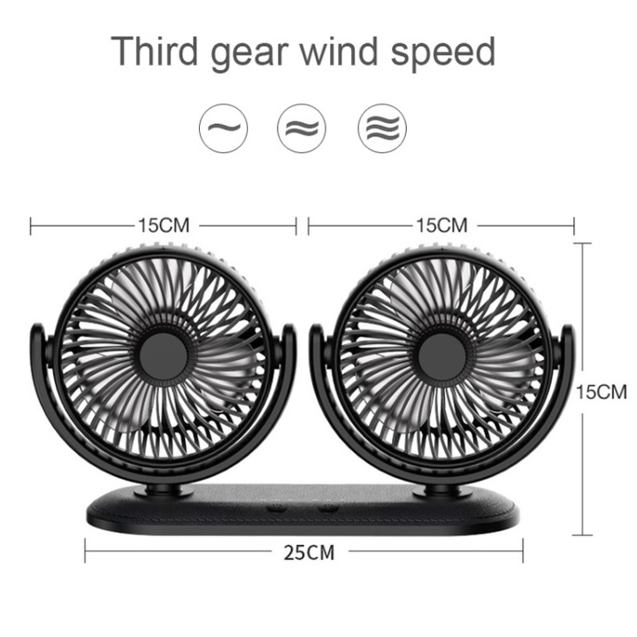 Quạt đôi xoay 360 độ, sử dùng trên ô tô, bàn làm việc, công suất 12W, 5V/2A, Dual headed car fan 12V Interior Car Coolin