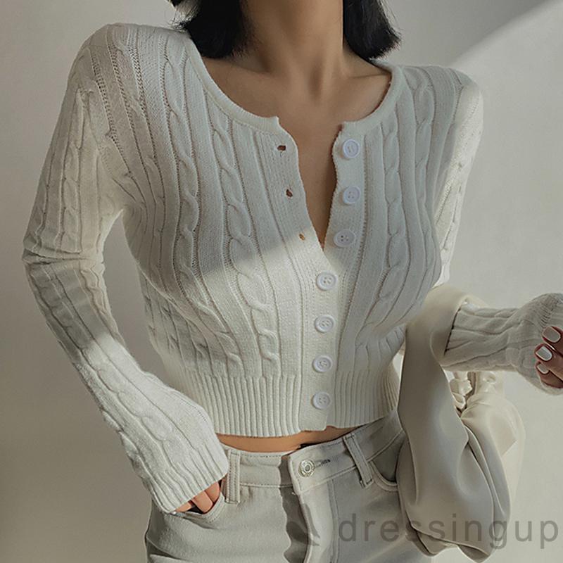 Áo cardigan dệt kim tay dài màu trơn cổ tròn thời trang cho nữ