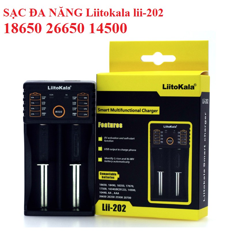 Sạc pin đa năng Liitokala lii-202 hai khe pin cho pin 18650, AA, AAA, 26650