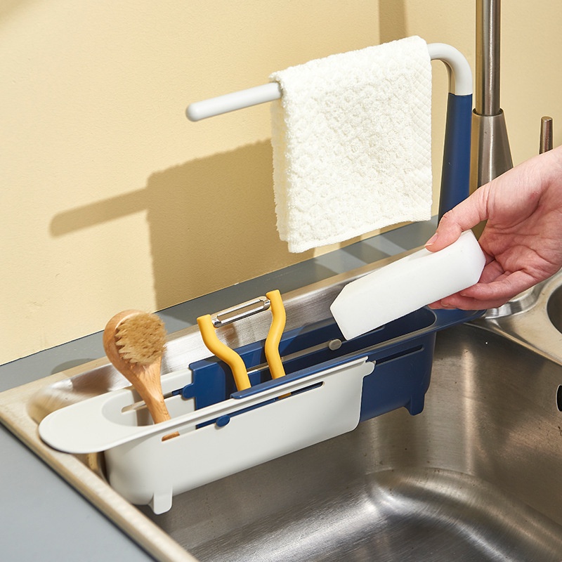 Giá đựng xà phòng bồn rửa chén bát kèm kệ treo khăn có thể điều chỉnh kích thước tiện dụng