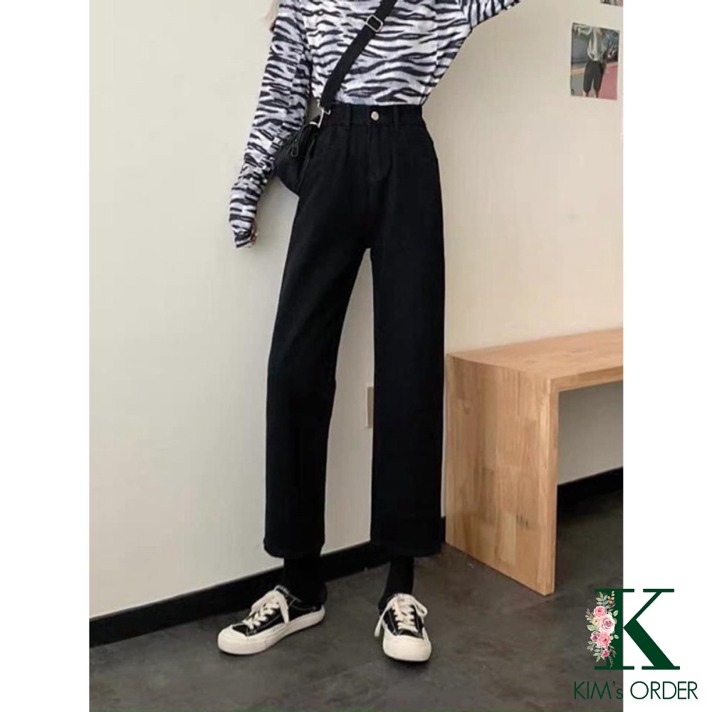 Quần jeans ống suông nữ màu đen trắng basic trơn cạp cao Ulzzang phong cách Hàn Quốc ống đứng đi học đi làm đi chơi