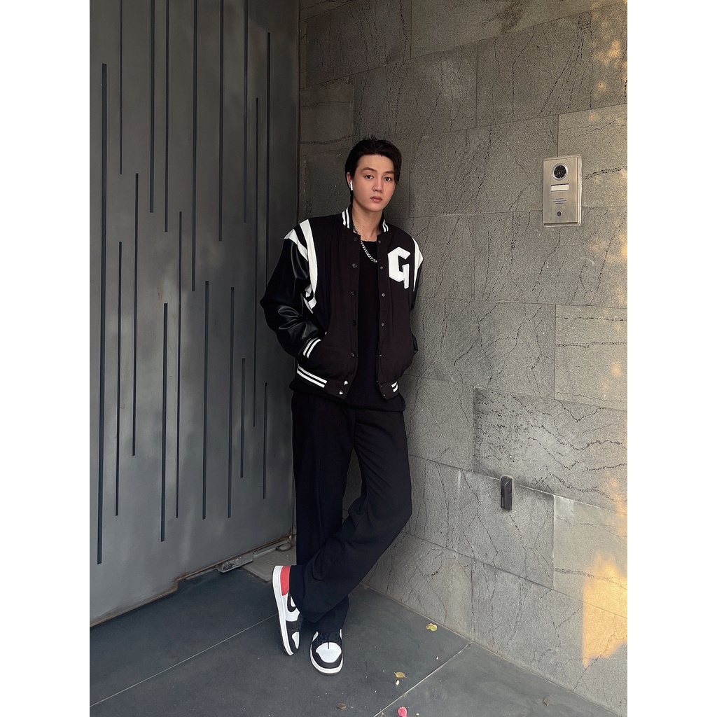 Áo Khóac Form Rộng Nỉ Phối tay da Jacket Varsity V19 - Màu Đen