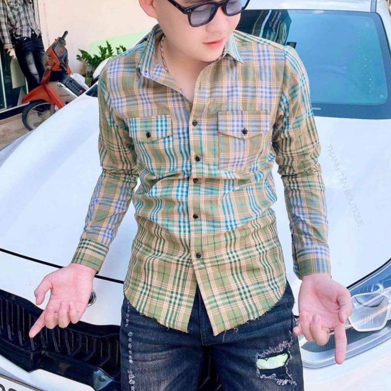 Áo sơ mi nam bbr dài tay kẻ sọc caro 2 túi ngực rách gấu bản cao cấp