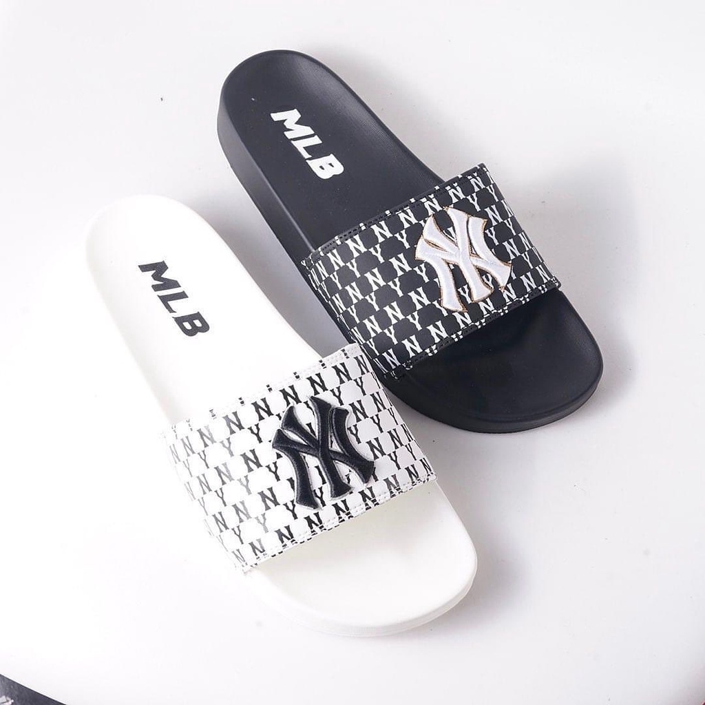 Dép 𝗠.𝗟.𝗕 𝗡𝗬 Quai Ngang Nam Nữ Unisex Siêu Hot Trend đủ size [ Fullbox + Hỗ trợ đổi size ] - Logo Thêu Màu Trắng Đen NY