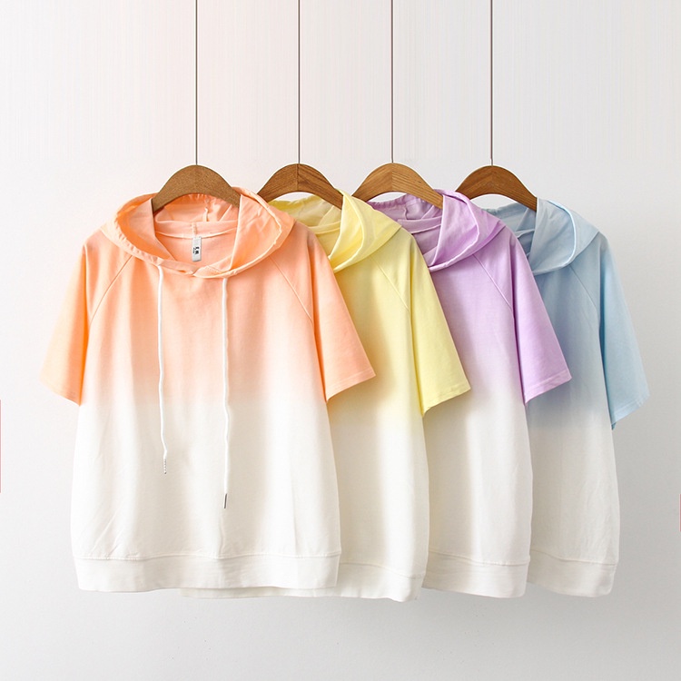Áo Hoodie Tay Ngắn Form Rộng Màu Gradient Phong Cách Hàn Quốc Cho Nữ
