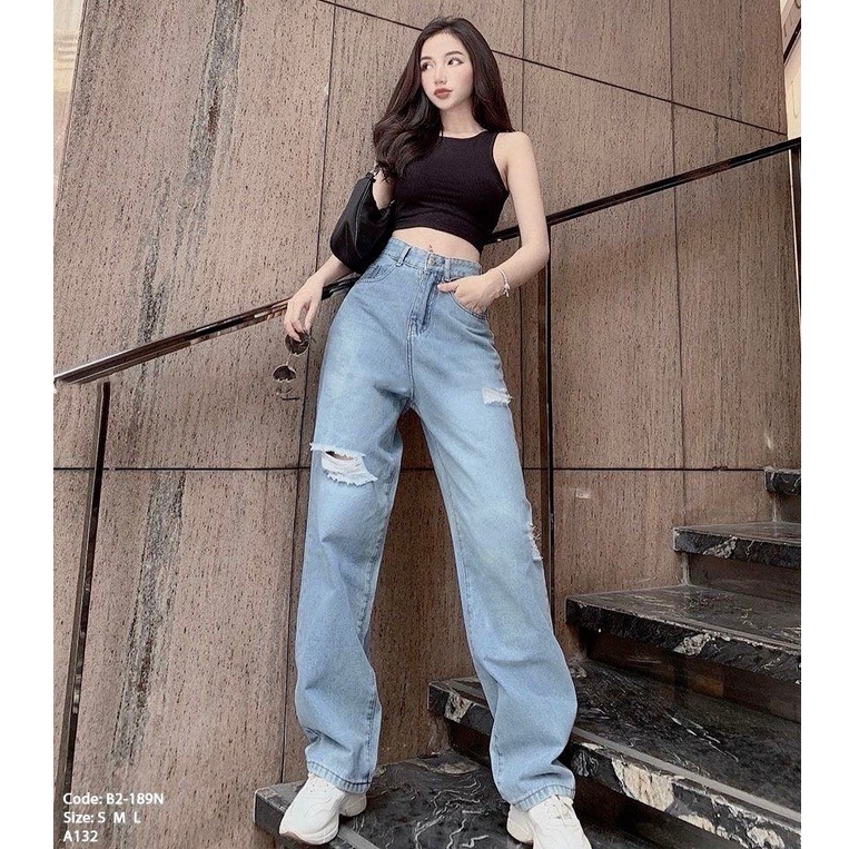 Quần Jeans Nữ Ống Suông Rách Gối Xanh Nhạt AJ189 | Thời Trang Nữ | Siêu Hack Dáng | Giá Siêu Rẻ