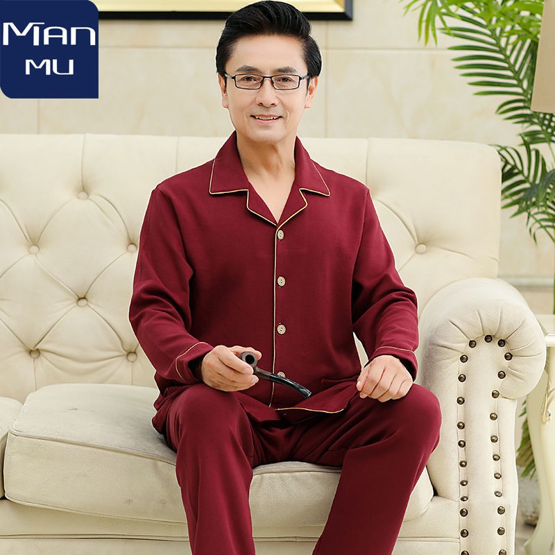 giá rẻ đẹpmùa xuân và thu bộ đồ ngủ dài tay dành cho người trung niên lớn tuổi bằng vải cotton tinh khiết nam mặ