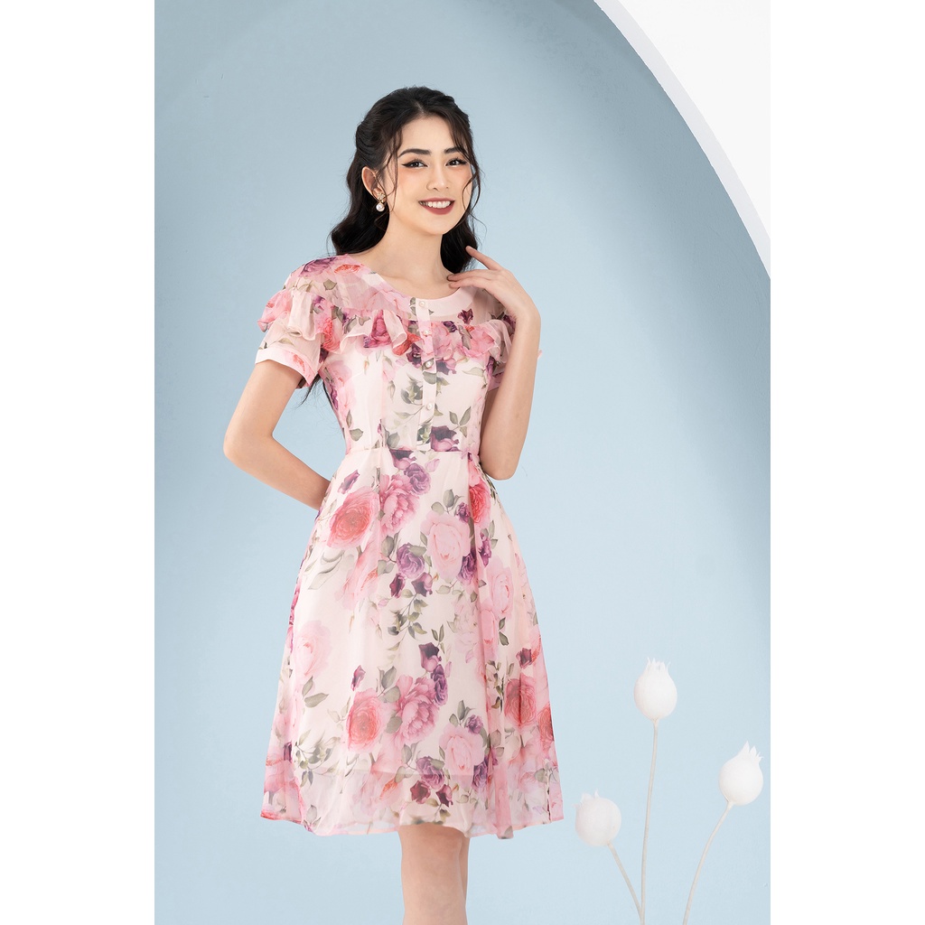 Đầm Tơ Hoa Hồng LFV3285 Thiết Kế Cổ Bèo xinh xắn nữ tính may 2 lớp dài qua gối cho nàng đi làm đi chơi đi biển dạo phố