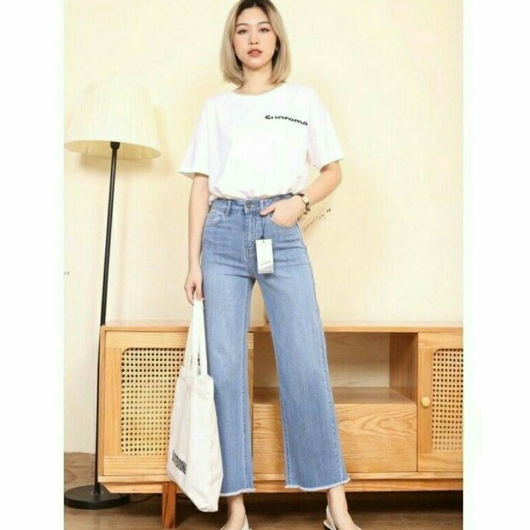 Quần Bò Ống Rộng ,Quần Collutes Jeans Trơn Tua Rua Gấu VNXK, Quần Bò jean  Nu Xinh Xắn