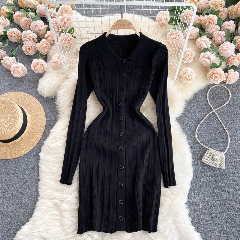 Đầm len cổ polo, váy len dệt kim