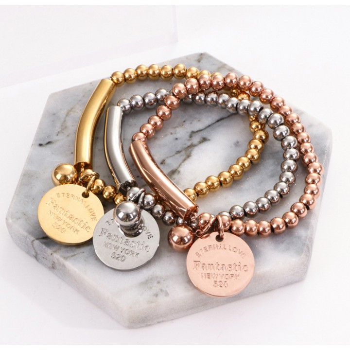 Vòng tay titan chuỗi bi có mặt tròn siêu đẹp, bền màu, hợp thời trang