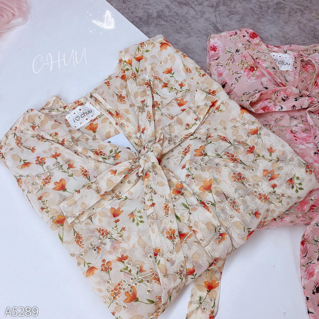 Áo sơ mi hoa nhí cổ thắt nơ tay xòe CHUU A5289