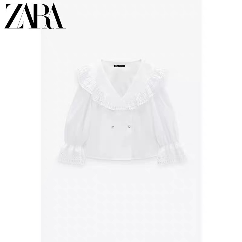 (Sẵn) Áo sơ mi tay loe thêu đục lỗ Zarrraa