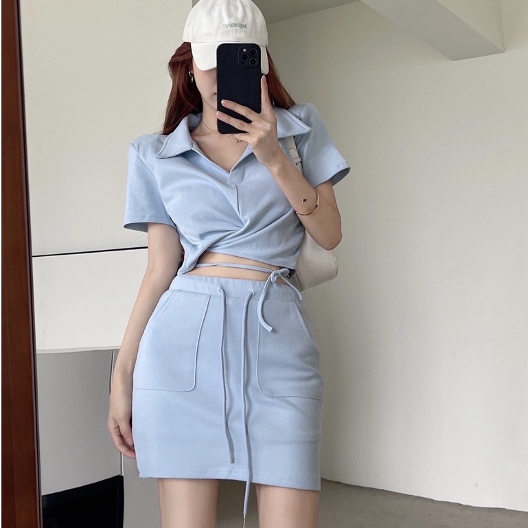 Set Áo Polo Croptop Dây Cột + Chân Váy Trơn LSEOUL B1137 Thoáng Mát Trẻ Trung Năng Động