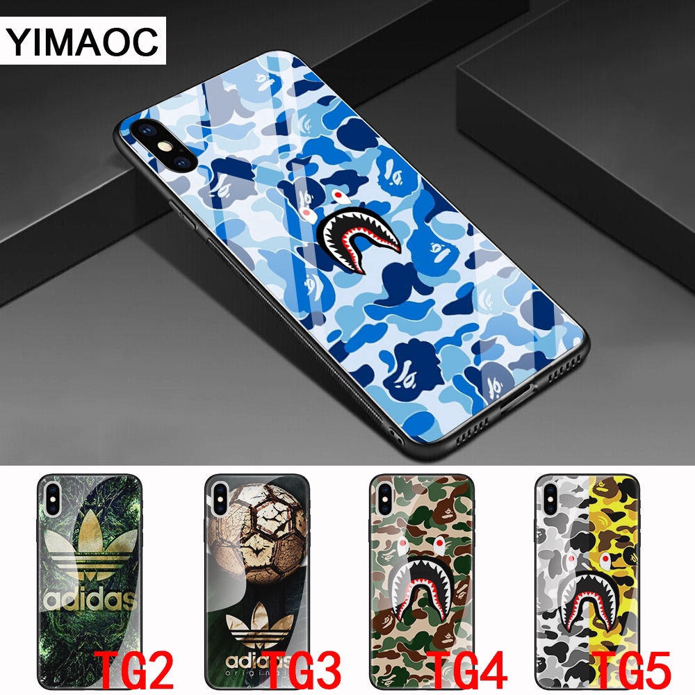 Ốp điện thoại mặt kính họa tiết Bape x Adidas cho iPhone XS Max XR X 11 Pro 7 8 6 6S Plus